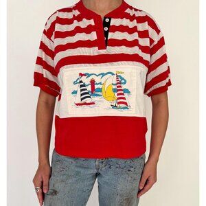 90s vintage red white striped sailboat vacation novelty retro cropped tee shirt